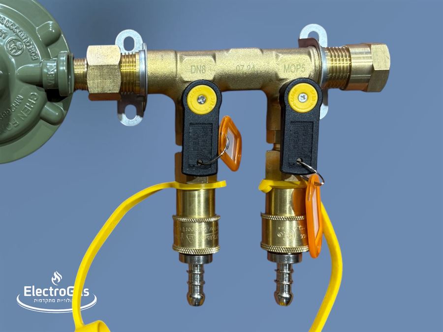ווסת גז עם מפצל ל-2 נקודות גז עם חיבורי ניתוק מהיר - לחיבור ישירות מיכל גז